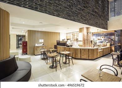 Luxury Boutique Hotel Lobby, With Pending Light Marble Stone, Hotel Employee, Coffee In Seoul, South Korea. 