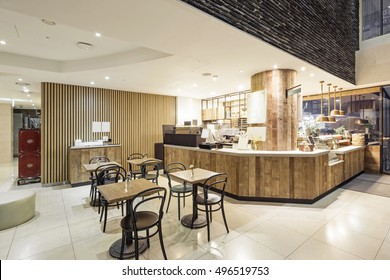 Luxury Boutique Hotel Lobby, With Pending Light Marble Stone, Hotel Employee, Coffee In Seoul, South Korea. 