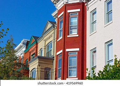 Luxury Brick Townhouses Of Washington DC, USA. Colorful Residential Row Houses In US Capital On In Spring.