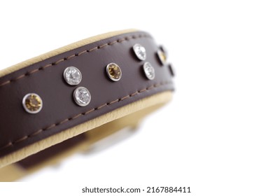 Luxury Brown Dog Collar With Crystals On A White Background 