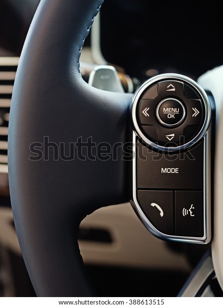 Luxury car interior:\
multimedia system control buttons on the steering wheel, shallow\
depth of field