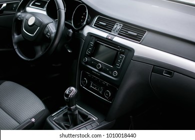 Luxury Car Interior - Steering Wheel, Shift Lever And Dashboard. 