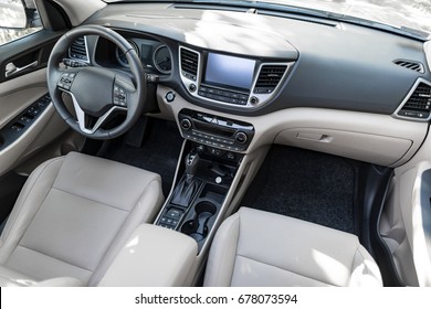 Luxury car interior - steering wheel, shift lever and dashboard. - Shutterstock ID 678073594