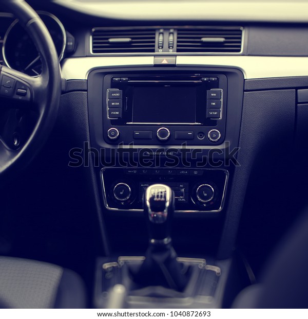 luxury car Interior - steering wheel, shift lever and\
dashboard. 