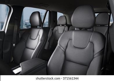 Luxury Car Interior View, Black Leather Car Seats