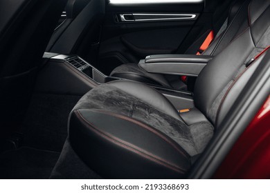 Luxury Car Rear Seats Row. Expensive Car Leather Seats. Cozy And Comfortable Seats Of Vip Transfer Car 