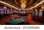 Luxury casino interior with red velvet seating, poker tables, and slot machines illuminated by chandeliers, creating a lavish and opulent gaming environment