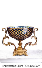 luxury classic antique vase glass gold and blue white background 