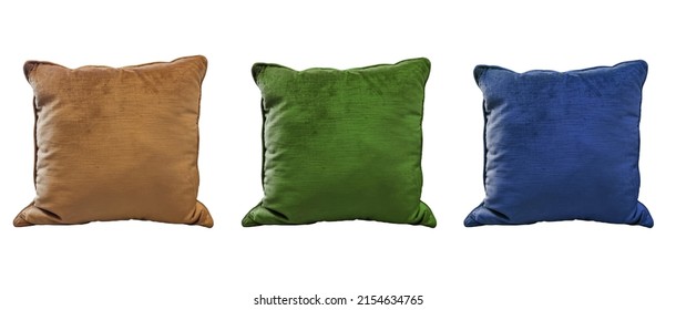 Luxury Colorful Pillows In Brown, Green, Blue Color Tone Isolated On Background With Clipping Path. Square Velvet Cushions For Home Decoration. Nap Pillows.   