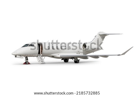 Luxury corporate airplane with an opened gangway door isolated on white background
