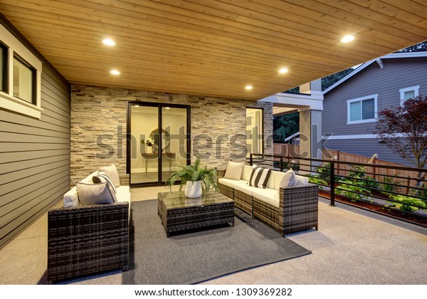 Luxury Covered Patio Stone Fireplace Cozy Stock Photo Edit Now