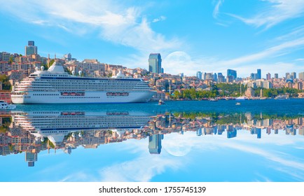Luxury cruise ship in Bosporus with full moon - Istanbul, Turkey 
