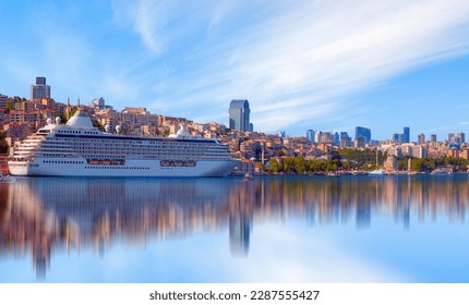 Luxury cruise ship in Bosporus with full moon - Istanbul, Turkey 