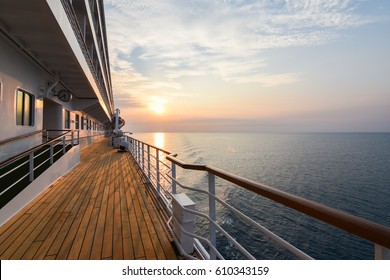 Luxury Cruise Ship Deck At Sunset.