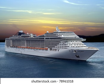 Luxury Cruise Ship Sailing From Port On Sunset.