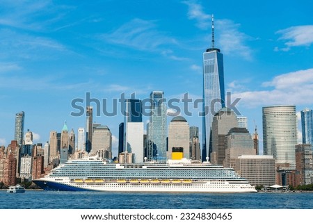 Luxury cruise ship sailing to port on sunrise. cruise boat near New york Manhattan. Floating liner in New York. Vacation on cruise liner in Manhattan New York