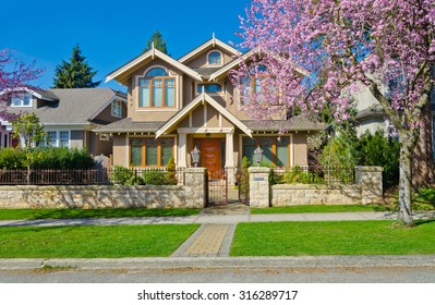 Luxury Custom Made House At Sunny Day, Cherry Blossom, Spring Time  In Vancouver, Canada.