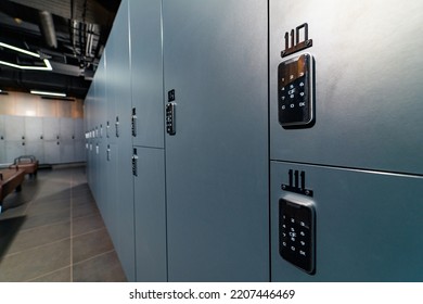 Luxury Dark Closet Lockers. Modern Fitness Club Locker Room.