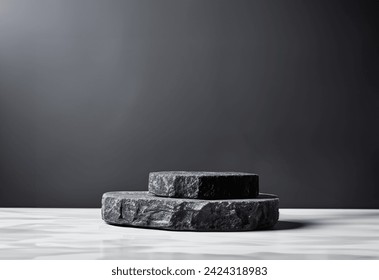 Luxury Dark concept a realistic scene Black Stone with eucalyptus flower decoration pedestal platform backdrop background for skin care or cosmetic product 