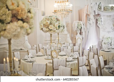 Luxury decorated dinner hall in white and brown tones