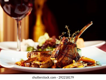 Luxury Dinner Served On  The Table With Glass Of Red Wine