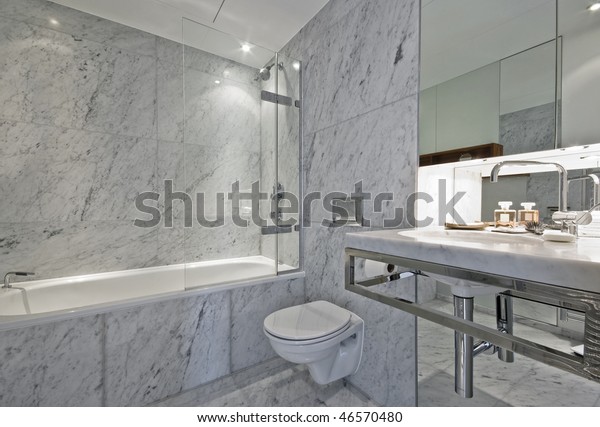 Luxury Ensuite Bathroom White Marble Finish Stock Photo