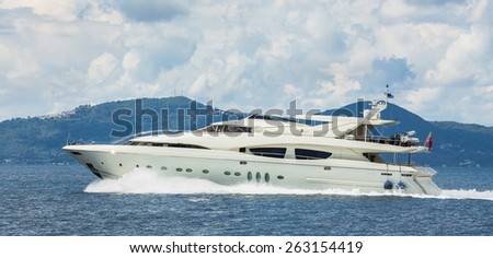 Luxury and expensive motor yacht in the sea or blue ocean. 