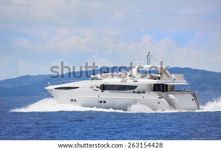 Luxury and expensive motor yacht in the sea or blue ocean. 