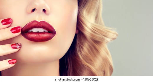 Luxury Fashion Style, Manicure Nail , Cosmetics And Makeup . Red  Beauty Lips  .