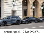 Luxury fashionable cars in parking lot near central bank of capital of Algeria, on the central waterfront. Republic of Algeria