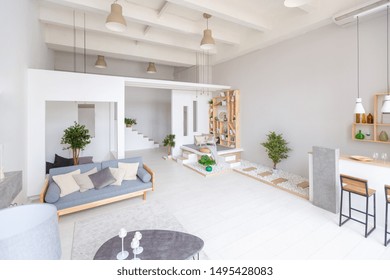 Luxury fashionable modern design studio apartment with a free layout in a minimal style. very bright huge spacious room with white walls and wooden elements.  - Shutterstock ID 1495428083