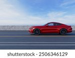 Luxury Ford car 3D render in the road with lines, blue sky background, Realistic car Red color