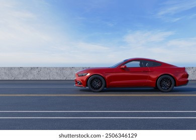 Luxury Ford car 3D render in the road with lines, blue sky background, Realistic car Red color