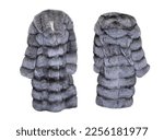 Luxury fur coat with hood, long sleeve, natural long fur, front and back view. Women