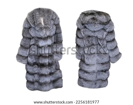 Luxury fur coat with hood, long sleeve, natural long fur, front and back view. Women's fur coat made of natural fur isolated on a white background.