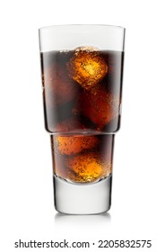 Luxury Glass Of Cola Soft Drink With Ice Cubes And Bubbles On White.