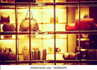 Luxury Goods Shopping. Luxury Purse Products For Woman. Store Front Closeup.