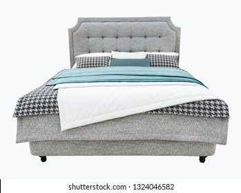 Luxury Gray Modern Bed Furniture With Upholstery Capitone Texture Headboard And Fabric Bedclothes. Classic Modern Furniture With Shallow Stripe Cloth On Isolated Background