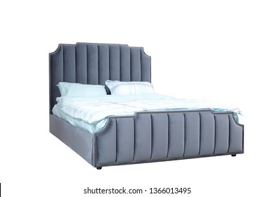 Luxury Gray Modern Bed Furniture With Upholstery Capitone Texture Headboard And Fabric Bedclothes. Classic Modern Furniture With Shallow Stripe Cloth