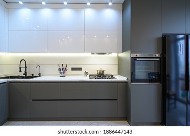 Luxury Grey Modern Kitchen Interior. Front View