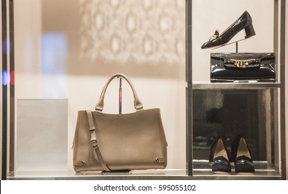 Luxury Handbags In A Store Showcase