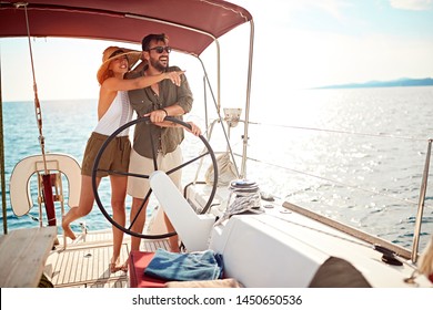 Luxury Happy Couple On The Boat Enjoy On Summer Holiday
