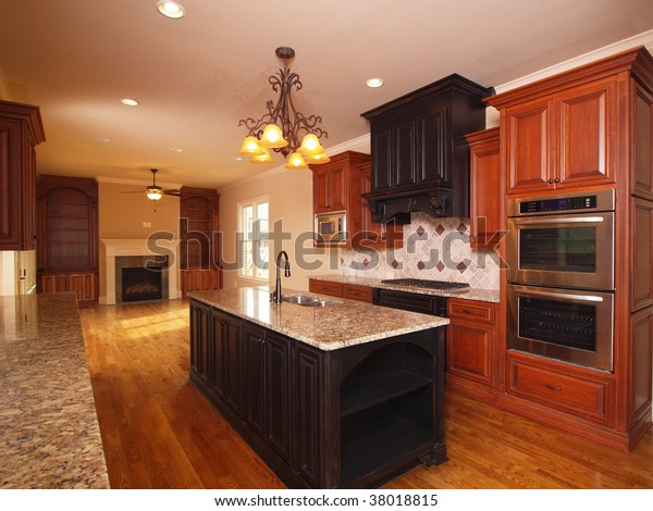Luxury Home Extended Kitchen Island Fireplace Stock Photo Edit Now 38018815