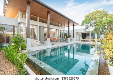 Luxury Home Or House Building Exterior And Interior Design Showing Tropical Pool Villa With Green Garden