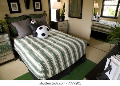 Luxury Home Kids Bedroom With Soccer Decor Theme.