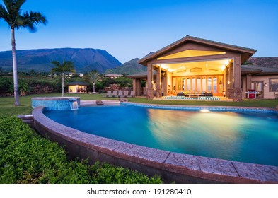 Luxury home with swimming pool at sunset, Tropical Villa Resort
