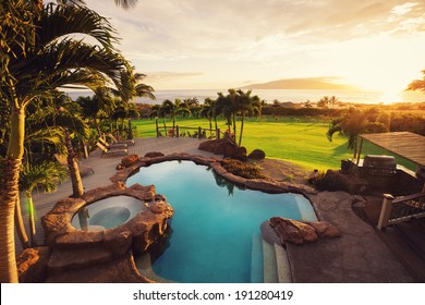 Luxury Home With Swimming Pool At Sunset, Tropical Villa Resort
