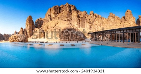 luxury hotel have pool in the middle of the desert at Habitas Alula, Saudi Arabia