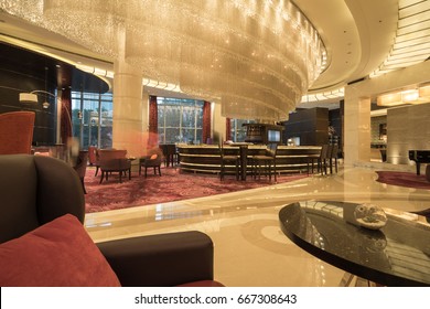 Luxury Hotel Lobby With Modern Crystal Ceiling Lamp.