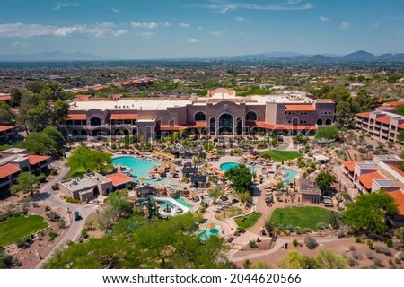 Luxury hotel and spa with pool in Catalina Foothills, Tucson, aerial photo. 